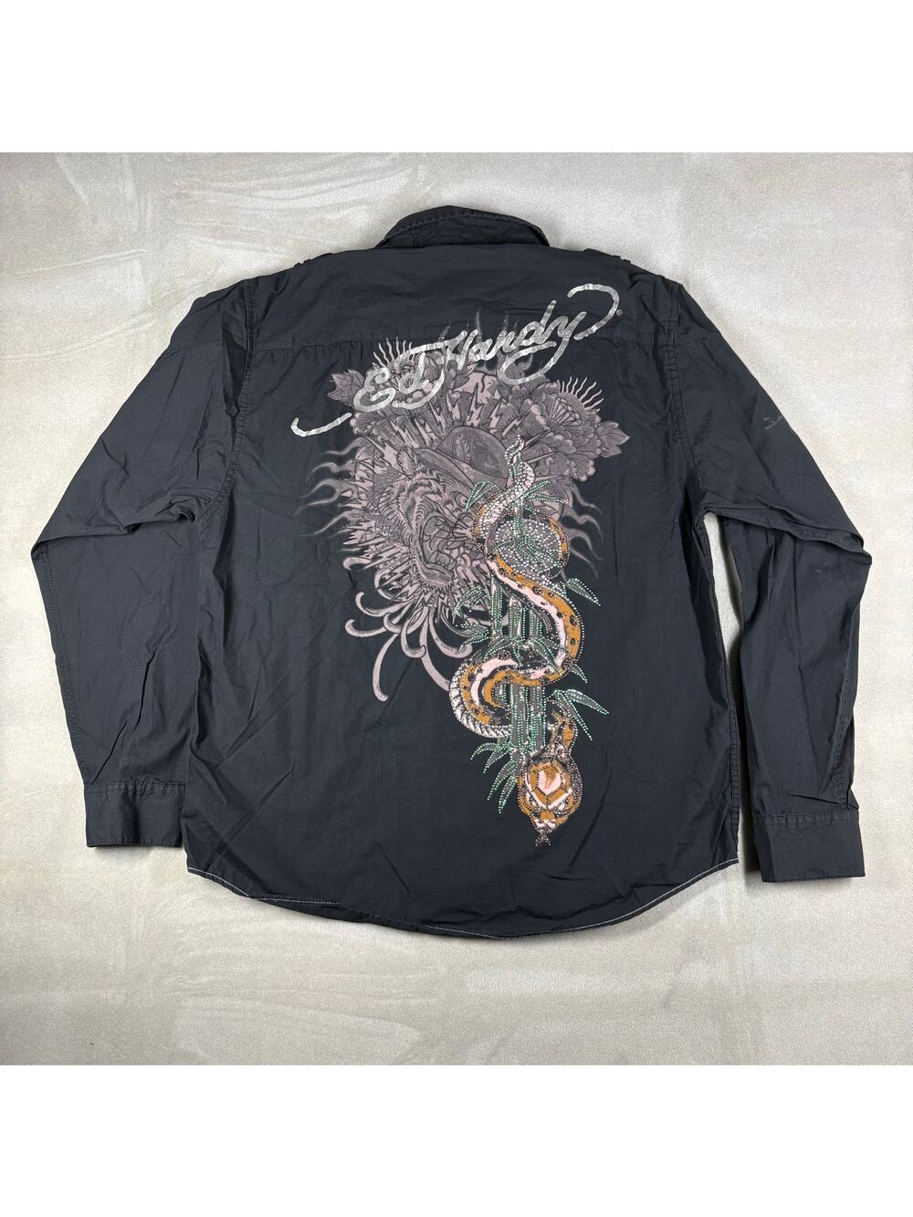 Vintage Ed Hardy Tiger Snake Rhinestone Button Up Shirt Black XL Y2K Tattoo